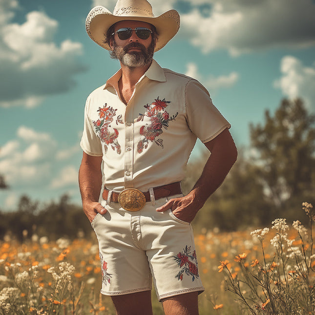 Men's Short Sleeve Shirt and Shorts Set | Western Cowboy Style | Retro Embroidery | Summer Fashion | Lightweight Cotton-Polyester Blend | Lapel Collar | Functional Pockets | Casual Outfit | Sizes S-3XL
