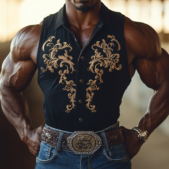 Men's Vintage Western Cowboy Shirt | Embroidered Cotton | Slim Fit | Sleeveless | Lapel Collar | 100% High-Quality Cotton | Breathable & Comfortable | Rugged Elegance | Classic Design | Stylish Summer Top