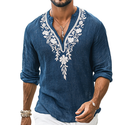 Men's Vintage Henley Shirt | Embroidered Cotton Linen | Long Sleeve Top | Casual Comfort | Breathable Fabric | Versatile Style | Button Details | Multiple Sizes | Ideal for Spring & Autumn | Classic Retro Charm