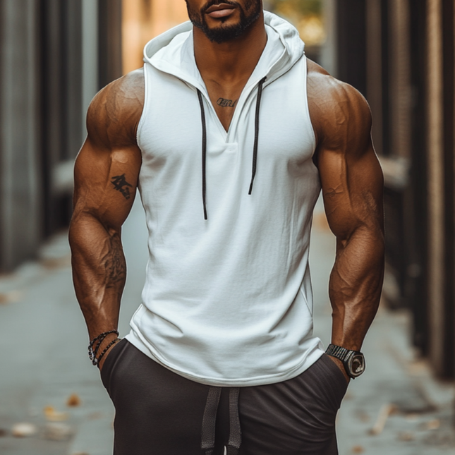 Men's Soft Cotton V-Neck Hooded Tank Top | Casual Slim Fit | Sleeveless Solid Color | Lightweight & Breathable Summer Essential | Versatile Sporty Style for Workouts & Relaxed Outings