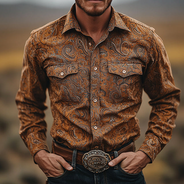 Men's Western Perris Print Shirt | Vintage Lapel Long Sleeve | Cotton Fabric | Casual & Semi-Formal | Classic Design | Available in Sizes S-3XL