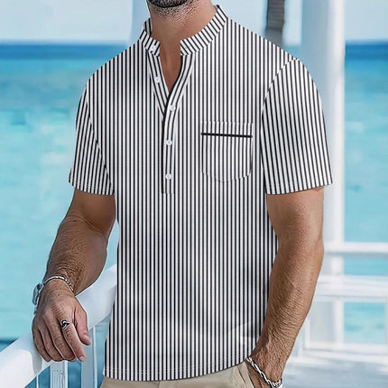 Men's Contrast Striped Shirt | Stand Collar | Short Sleeve | Versatile Style | Casual to Formal Wear