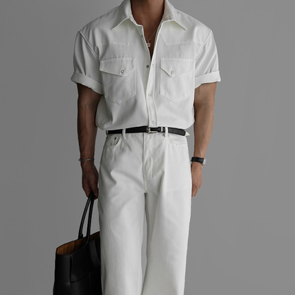 Men's Casual Solid Color Short Sleeve Shirt | Lapel Collar | Chest Pocket | Breathable Cotton Blend | Versatile Everyday Outfit | Classic Style