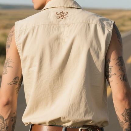 Men's Sleeveless Shirt | Retro Western Style | Embroidery Cotton Blend | Summer Fashion Top | Soft Breathable Fabric | Casual Vintage Look | Comfortable Fit | Versatile Styling | Classic Design