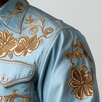 Men's Western Cowboy Style Denim Shirt | Thin Embroidered Long Sleeve | Lightweight Summer Apparel
