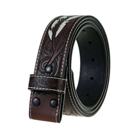 Men's Belt | Vintage Genuine Leather | Punk Style Embossed Feather Design | Snap Buckle Closure | Durable | Artistic Texture | Edgy Fashion Accessory | Versatile Fit | Timeless Craftsmanship