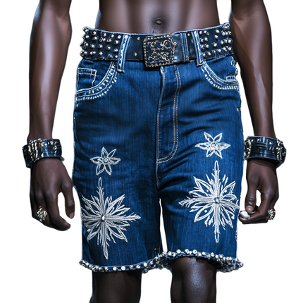 Men's Embroidered Rhinestone Denim Shorts | Straight Fit | Summer Fashion | Casual Style | Festival Wear | Durable Denim | Modern Above-Knee Length | Trendy Embellishments | Multiple Sizes Available