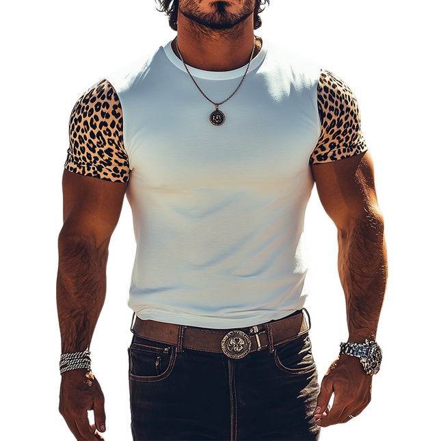 Men's Slim Fit T-Shirt | Cotton Blend | Leopard Print Accents | Short Sleeves | Western Style | Spring Summer Wardrobe Essential | Fashionable Stitching Details | Stylish Casual Top