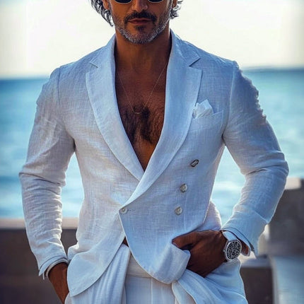 Men's Blazer | Solid Color | Double-Breasted | Cotton Linen Blend | Lightweight | Slim Fit | Notch Lapels | Spring Summer Smart Casual Formal Wear