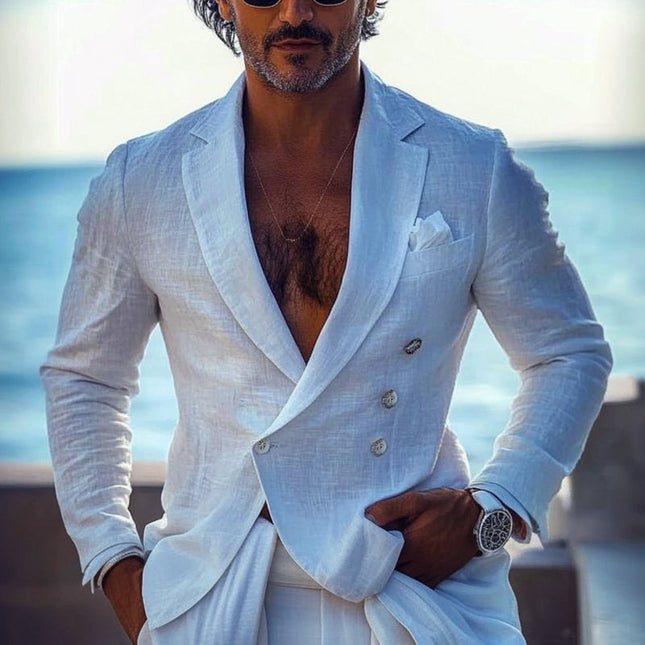 Men's Blazer | Solid Color | Double-Breasted | Cotton Linen Blend | Lightweight | Slim Fit | Notch Lapels | Spring Summer Smart Casual Formal Wear