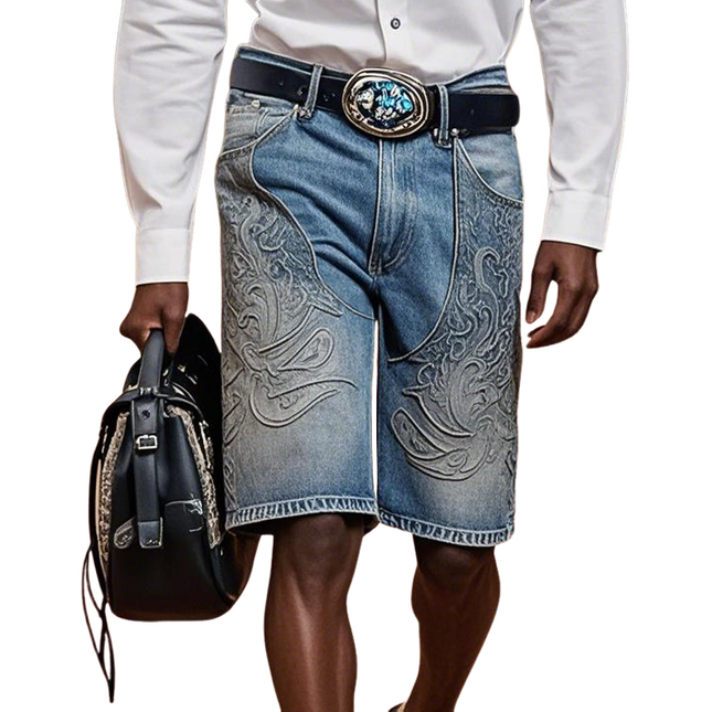 Men's Retro Embroidered Denim Shorts | Vintage Straight-Leg Fit | Casual Summer Style | Durable Denim | Above-the-Knee Length | Regular Waistband | Comfortable Casual Wear | Perfect for Festivals & Outings