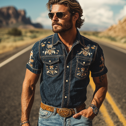 Men's Retro Western Denim Shirt | Summer Fashion | Short Sleeve | Embroidered Cowboy Style | Durable Fabric | Versatile Casual Wear | Classic Snap Button Design | Breathable Comfort