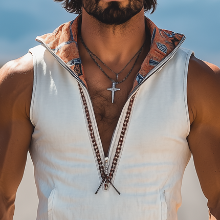 Men's Retro Western Cowboy Style Tank Top | Suede Hooded | Deep V-Neck | Printed Ribbon Accents | Sleeveless | Soft Faux Suede Texture | Spring and Summer Fashion