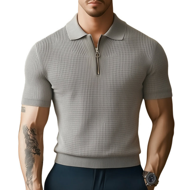 Men's Knitted Zip-Neck T-Shirt | Summer Business Casual Top | Textured Lightweight Fabric | Breathable Short Sleeve | Versatile Professional Style | Available in Sizes S to 3XL