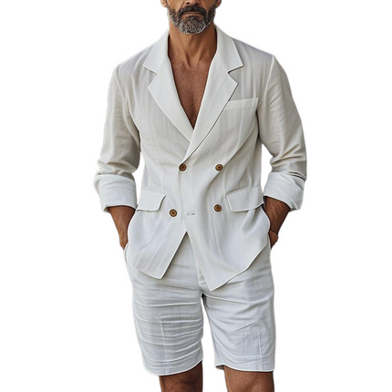 Men's Cotton Linen Blazer Shorts Set | Notch Lapel Long Sleeve Double Breasted Blazer | Summer Outfit | Tailored Modern Fit | Lightweight & Breathable | Casual & Semi-Formal Wear | Multiple Sizes Available