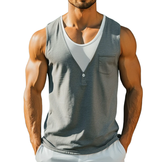 Men's Slim Fit Tank Top | Breathable Cotton | Contrast Colorblock Patchwork | Round Neck | Patch Pocket | Sleeveless Top | Casual Summer Wear | Lightweight Activewear