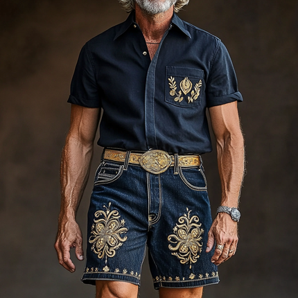 Men's Retro Embroidered Denim Shorts | Vintage Inspired Casual Wear | Straight Leg Comfortable Fit | Durable High-Quality Denim | Above the Knee Length | Customizable Waistband | Summer Festival and Weekend Style