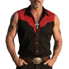 Men's Retro Western Cowboy Sleeveless Shirt | Colorblock Lapel | Vintage Ranch Style | Breathable Cotton Blend | Casual & Outdoor Wear | Sizes S-3XL