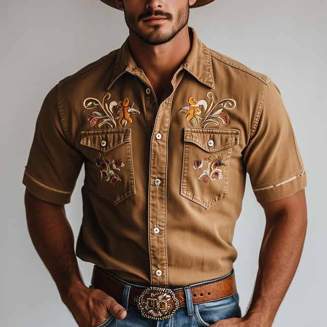 Men's Western Cowboy Shirt | Vintage Embroidered Denim | Short Sleeve | Rustic Casual Shirt | Iconic Western Themes | Durable Comfort | Lapel Collar | Versatile Styles | Sizes S to 3XL