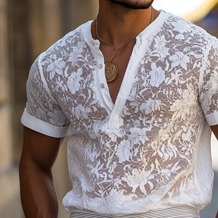 Men's Lace Henley Collar T-Shirt | Short Sleeve Casual Top | Breathable Fabric | Classic Fit | Elegant Lace Detail | Stylish Wardrobe Essential | Everyday Wear | Comfortable Men's Shirt