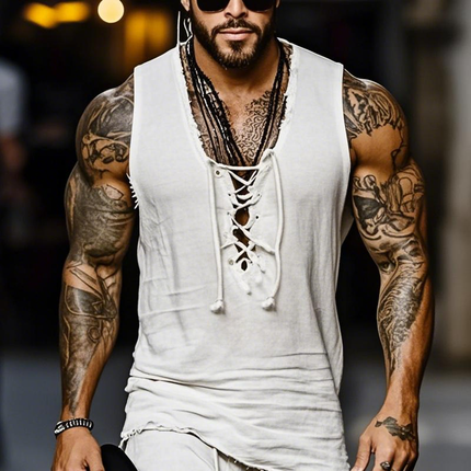 Men's Summer Outfit | Cotton Linen Blend | Lace-Up V Neck Sleeveless Tank Top | Elastic Waist Shorts | Casual Beachwear Set | Breathable Lightweight | Relaxed Fit | Stylish Men's Clothing