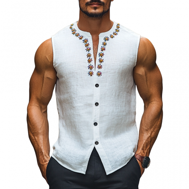 Men's Slim Fit Sleeveless Shirt | Daisy Embroidery | Breathable Linen | Round Neck | Casual Summer Top | Lightweight & Comfortable | Ideal for Outdoor & Beach Wear | Stylish Floral Fashion | Easy Care