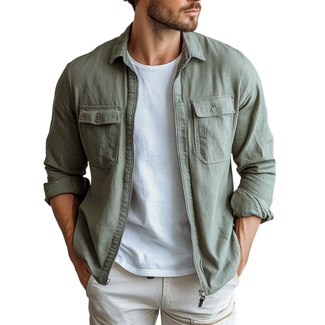 Men's Linen Blend Shirt | Breathable Casual Long Sleeve | Lapel Collar Zipper Placket | Chest Pocket | Versatile Relaxed Fit | Ideal for Everyday Wear | Lightweight and Comfortable | Easy Care