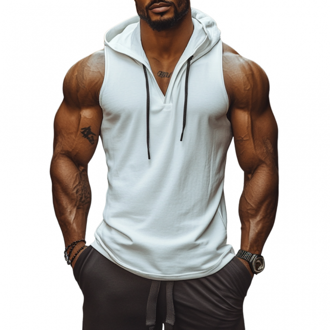 Men's Soft Cotton V-Neck Hooded Tank Top | Casual Slim Fit | Sleeveless Solid Color | Lightweight & Breathable Summer Essential | Versatile Sporty Style for Workouts & Relaxed Outings