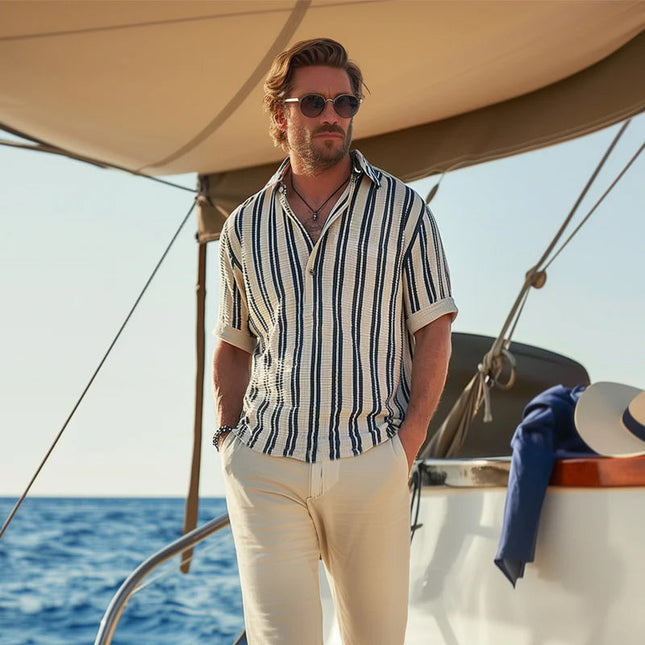 Men's Striped V-Neck Short Sleeve Shirt | Classic Lapel Collar | Summer Cotton Fabric | Breathable & Comfortable | Casual Style | Versatile Spring & Summer Wear | Pairs with Jeans & Chinos