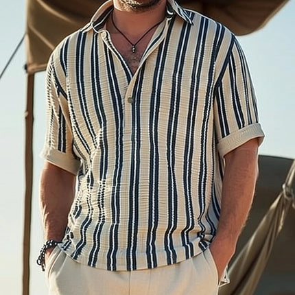 Men's Striped V-Neck Short Sleeve Shirt | Classic Lapel Collar | Summer Cotton Fabric | Breathable & Comfortable | Casual Style | Versatile Spring & Summer Wear | Pairs with Jeans & Chinos
