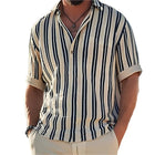 Men's Striped V-Neck Short Sleeve Shirt | Classic Lapel Collar | Summer Cotton Fabric | Breathable & Comfortable | Casual Style | Versatile Spring & Summer Wear | Pairs with Jeans & Chinos