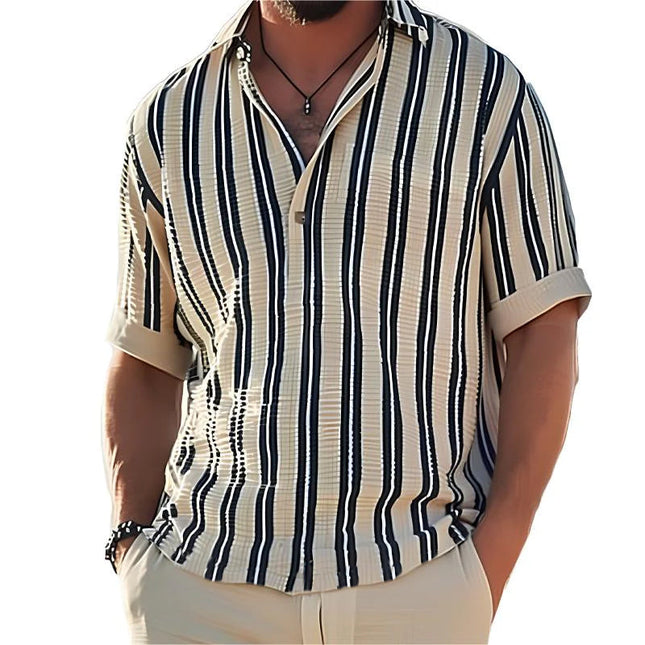 Men's Striped V-Neck Short Sleeve Shirt | Classic Lapel Collar | Summer Cotton Fabric | Breathable & Comfortable | Casual Style | Versatile Spring & Summer Wear | Pairs with Jeans & Chinos