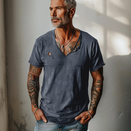 Men's V-Neck T-Shirt | Distressed Ripped Raw Edge | Short Sleeves | Solid Color | Breathable Fabric | Casual Comfortable Style | Rugged Urban Look | Versatile Everyday Wear