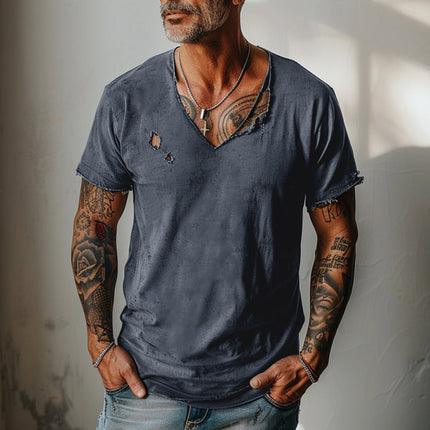 Men's V-Neck T-Shirt | Distressed Ripped Raw Edge | Short Sleeves | Solid Color | Breathable Fabric | Casual Comfortable Style | Rugged Urban Look | Versatile Everyday Wear