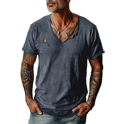 Men's V-Neck T-Shirt | Distressed Ripped Raw Edge | Short Sleeves | Solid Color | Breathable Fabric | Casual Comfortable Style | Rugged Urban Look | Versatile Everyday Wear