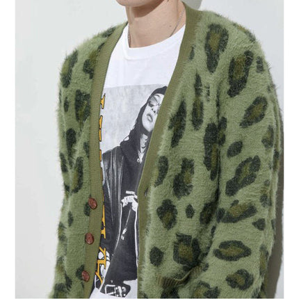 Men's Mohair Cardigan | Vintage Leopard Pattern | V-Neck | Single-Breasted Button Closure | Long Sleeve | Modern Fit | Side Pockets | Luxurious Mohair Fabric | Stylish Outerwear | S-XL Sizes