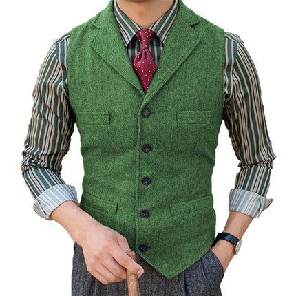Men's Wool Blend Vest | Vintage Style | Single Breasted with Lapel | Slim Fit | Charcoal Navy Herringbone Patterns | Smart Casual Formal Wear | Adjustable Back | Functional Pockets | Year-Round Outerwear