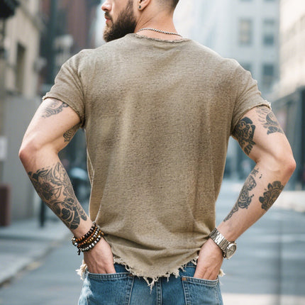 Men's Retro T-Shirt | Casual Raw Edge Ripped | Round Neck | Short Sleeve | Vintage Style | Soft Cotton Blend | Breathable | Versatile Fit | Multiple Sizes | Ideal for Everyday Wear | Spring Summer Fashion