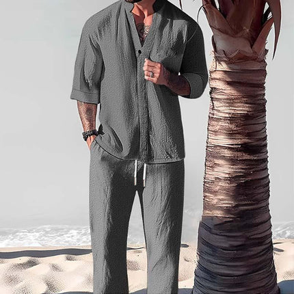 Men's Casual Solid Color Shirt & Trousers Set | Loose Fit | Half Sleeve | Breathable Fabric | Versatile Outfit for Spring, Summer, Fall | Perfect for Beach, Vacations, Picnics | Style & Comfort