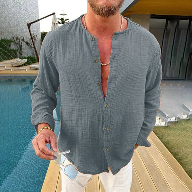Men's Long-Sleeve Dress Shirt | Cotton Linen Blend | Solid Color | Button-Down Collar | Versatile Casual & Formal Wear