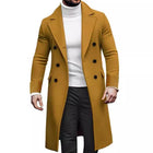 Men's Double-breasted Mid-length Coat | Solid Color | Notched Lapel | Long Sleeve | High-quality Wool Blend | Elegant Outerwear for Formal and Casual | Available in Black, Navy Blue, Charcoal Grey, Camel