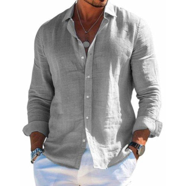Men's Cotton Linen Lapel Shirt | Casual Long Sleeve | Solid Color | Breathable Lightweight | Relaxed Fit | Effortless Style | Versatile Look | Machine Washable