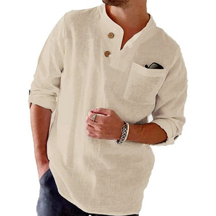 Men's Long Sleeve Shirt | Cotton Linen Blend | Casual Loose Fit | Solid Color | Roll-Up Sleeves | Breathable Comfortable Wear | Versatile for Casual or Semi-Formal | Sustainable Eco-Friendly