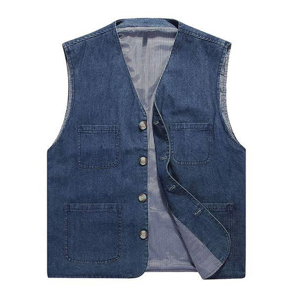 Men's Casual Cotton Vest| Lightweight Solid Color Waistcoat| 98% Cotton| Breathable| Multiple Pockets| Button Down| Frayed Edge Design| Knit Denim Fabric| Summer Style