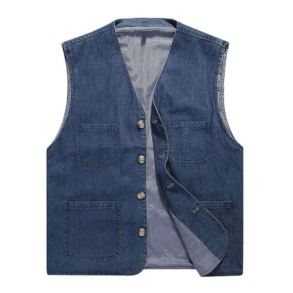 Men's Casual Cotton Vest| Lightweight Solid Color Waistcoat| 98% Cotton| Breathable| Multiple Pockets| Button Down| Frayed Edge Design| Knit Denim Fabric| Summer Style