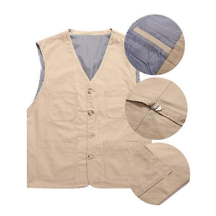 Men's Casual Cotton Vest| Lightweight Solid Color Waistcoat| 98% Cotton| Breathable| Multiple Pockets| Button Down| Frayed Edge Design| Knit Denim Fabric| Summer Style