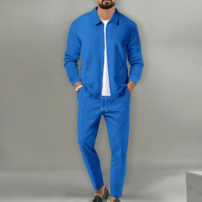 Men's Waffle Textured Solid Color Jacket | Tailored Lapel | Straight-Leg Pants | Breathable Fabric | Versatile Suit Set for Spring & Autumn | Sophisticated & Comfortable | Functional Pockets