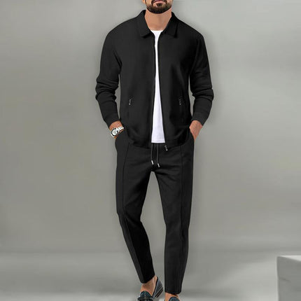 Men's Waffle Textured Solid Color Jacket | Tailored Lapel | Straight-Leg Pants | Breathable Fabric | Versatile Suit Set for Spring & Autumn | Sophisticated & Comfortable | Functional Pockets