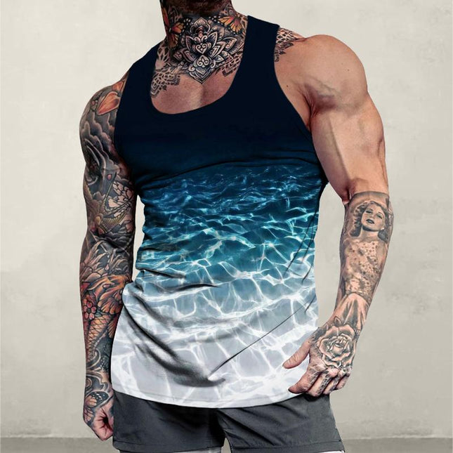 Men's Sleeveless Tank Top | Gradient Wave Design | Round Neck | Breathable Polyester | Casual Loose Fit | Muscle Showcase | Printed Fashion | Spring Summer | Multiple Sizes | Stylish and Comfortable