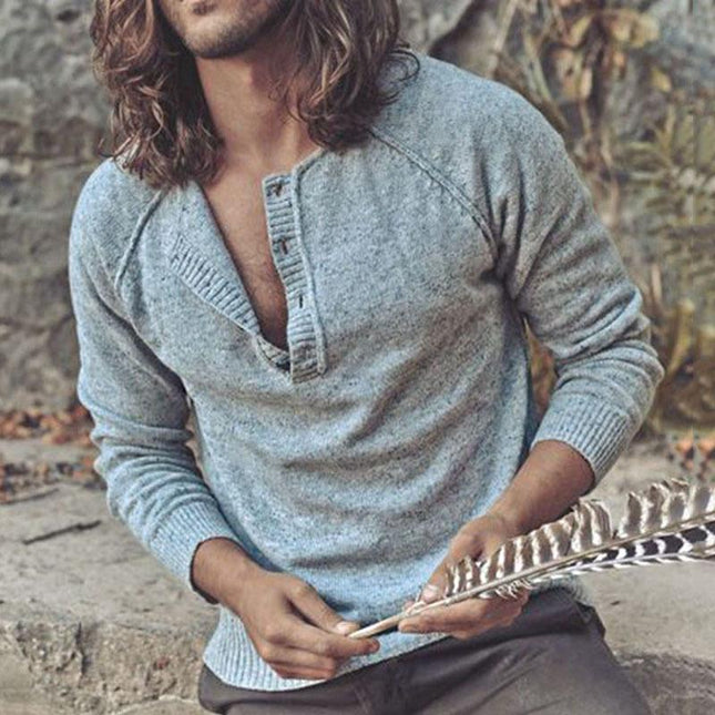 Men's Casual Knit Sweater | Cotton Blend | Long Sleeve V-Neck | Plain Design | Button Crew Neck | Rib-Stitch Hem & Cuffs | Raglan Sleeves | Autumn & Winter Wardrobe Essential | Comfortable & Breathable